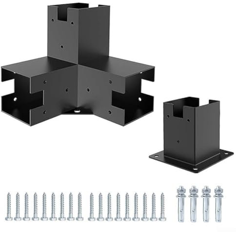 Supports d'angle pour pergola – Kit de quincaillerie pour structure de joints en bois – Support d'angle à angle droit avec base de poteau de pergola pour poutres en bois – Support surélevé (base + 3T)