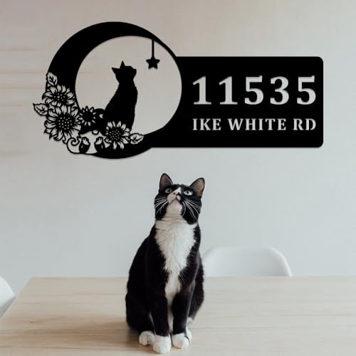 Cat Metal Sign Custom,Cat Personalized Last Name Sign Wall Art,Custom Home Address Numbers Marker,Street Address Wall Hanging for Front Door,Birthday Gifts for House Office Hotel Entry Road Mailbox
