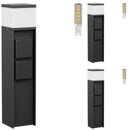 ledscom.de 3x Pollerleuchte PODEL für außen, 39cm, schwarz, 2 Steckdosen, inkl. G9 Leuchtmittel, 501lm, warmweiß