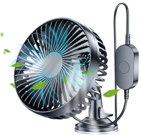 USMEI 12V/24V Auto Ventilator Leiser, Auto Lüfter Kühlung mit 3 Speed und Saugnapf, Vertikal und Horizontal Einstellbar 360-Grad-Drehung, USB Auto Ventilator für LKW Van SUV RV