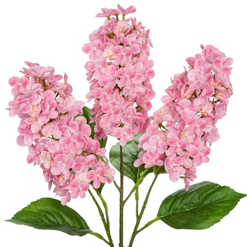 Briful 24.8 Artificial Hydrangea Flowers Real Touch Panicled Hydrangea Stems, 3PCS Pink Artificial Flowers Faux Cone Hydrangeas for Tall Vase, Home Décor, Floral Arrangements