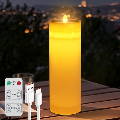 Solar Flameless Candle LED Pillar: 4*12 Inch USB Rechargeable Battery Operated Candles with Remote Control for Outdoor and Indoor -Waterproof Large Candleds for Patio Porch wedding Gamping Lantern