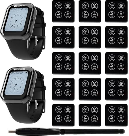 Retekess TD113 Appel Serveur Restaurant, Bipeur Restaurant Serveur,Étanche IPX67, Longue Durée de Veille, Chargement Magnétique, 2 Montres, 15 Boutons D'appel pour Restaurant, Serveuse, Hôtel