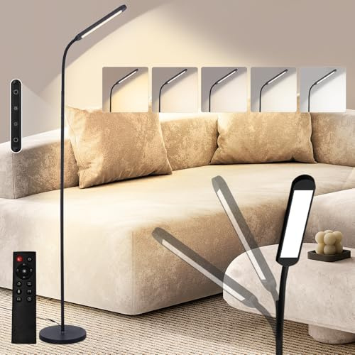 Homefire Stehlampe LED Standleuchte Wohnzimmer Dimmbar Modern Standleuchte | Schwarz 5 Farben und 5 Helligkeitsstufen 11W 360° Flexibler Schwanenhals Leselampe mit Fernbedienung für Schlafzimmer Büro
