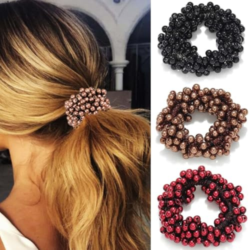 Reaky 3 coleteros elásticos para el cabello con perlas para mujer, color negro, con cuentas, accesorios elásticos para el cabello