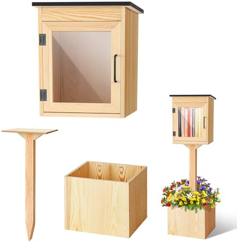 Wonderjune Outdoor Little Library Kit Free Library, Weatherproof Solid Wood Book Exchange Box with Floor Plugs and Small Flower Fence for Neighborhoods Community, Literature, School(Natural Wood)