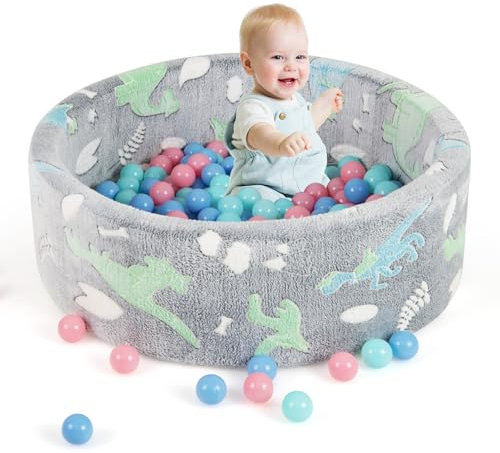 DREAMADE Bällebad Baby, Bällepool mit leuchtenden Mustern & 200 Bällen, Bällegrube aus Flanellstoff & Schaumstoff, Abnehmbarer Bezug, für Kinder ab 1 Jahr (Grau)