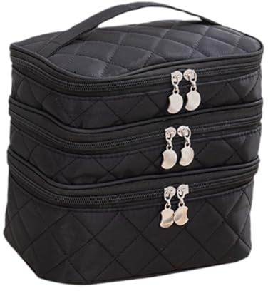 perfk 3 Layer Travel Cosmetic Storage Bag Compartment Makeup Storage Bag Ladies Toiletry for Full Size Bottles Accessories, Black Zipper