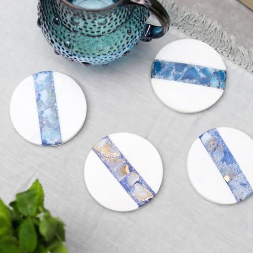 Culinary Concepts London Set of Four White Marble and Blue Agate Coasters