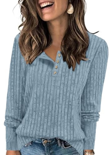 Enmain Maglione Blu Donna Leggero Maglia Manica Lunga Pullover a Girocollo con Bottoni Morbida Eleganti Felpa per Primaverili Invernale XL