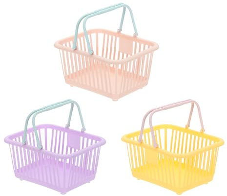 PATIKIL 3PCS Mini Shopping Basket, Small Plastic Basket Mini Storage Basket Grocery Tiny with Handles Organizer Filtered Water for Organizing Toys Eggs Fruits Snacks,Pink Purple Yellow