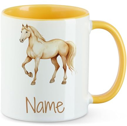 GRAZDesign Personalisierte Kinder Tasse mit Pferd - Gelbe Kaffeebecher mit Namen Keramik 330ml