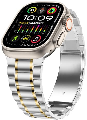 Dolstrap Stainless Steel Straps Compatible with Apple Watch Strap 49/46(S11/10)/45/44/42mm, Men/Women Metal Replacement Band Compatible for iWatch Ultra 3/2/1 SE3-1 Series 11 10 9 8 7 6-1, Silver Gold