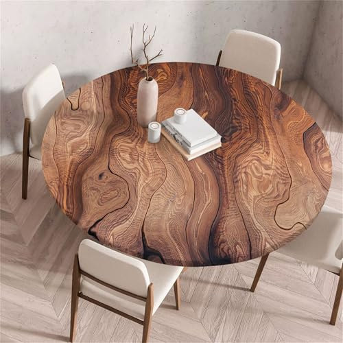Morbuy Elastische Tischdecke Rund Abwaschbar, 3D Holzbrett Muster Tischdecke Wasserdicht Schmutzabweisend Gartentischdecken Tischtuch Abwischbar Tischschutz (Braun,Durchmesser 120cm)