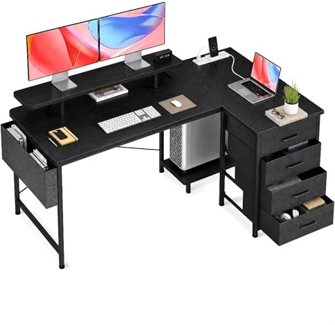 Claiks Schreibtisch L Form mit 4 Stoff Schubladen, 140x80 cm Eckschreibtisch mit USB-Ladeanschluss und Steckdose, L förmiger Schreibtisch mit Monitorablage für Büro, Schwarz