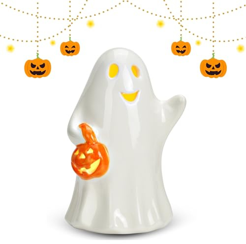matches21 HOME & HOBBY LED Geist mit Kürbis warmweiß Licht - Dekofigur aus Keramik für Innen - Leuchtende Halloween-Deko