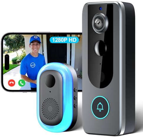 QESSUVNC Doorbell Camera Wireless,Tuya Smart 1280P HD WiFi Video Doorbell Security Camera with Built-in Battery, Night Vision/2-Way Audio/Supports SD & Cloud Storage, Includes Chime 2.4GHz WiFi