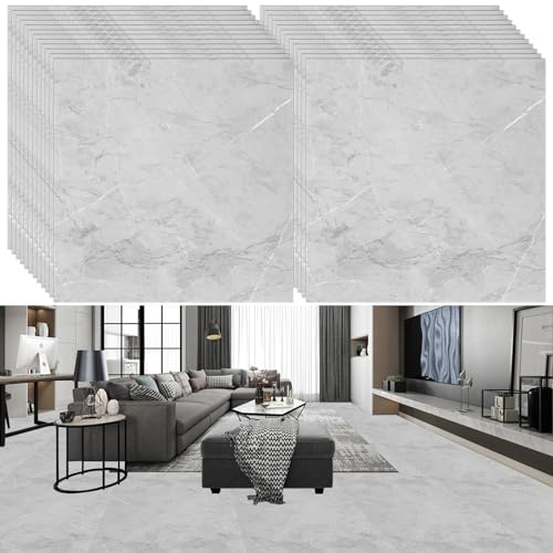 YAYODS 20Pcs Self Adhesive Floor Tiles, Peel and Stick Grey Marble Effect Vinyl Floor Tiles, Waterproof Vinyl Flooring Stick-On Tiles for Bathroom Kitchen Living Room, 30x 30cmx2.5mm