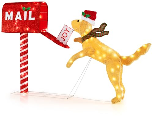 COSTWAY Boîte aux Lettres de Noël et Chien de 108 CM, Décoration de Noël Illuminée avec 120 LED Blanc Chaud, Résistante aux Intempéries avec Attaches et Piquets pour Extérieur
