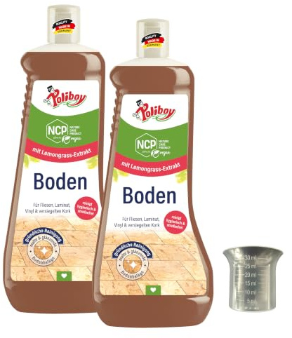 POLIBOY NCP Boden Reiniger - Universalreiniger für Bodenbeläge wie Fliesen, Laminat und Vinyl – Streifenfreie, gründliche Reinigung mit frische Duft - 2x 1 L - inkl. Dosierbecher