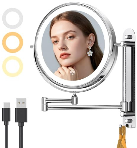Gospire 9” Wall Mounted Lighted Makeup Mirror with Magnification 10X, 7in Height Adjustable Vanity Lighted Mirrors for Bathroom Wall, 360° Extended Arm Shaving Wall Mirror with Lights - Chrome