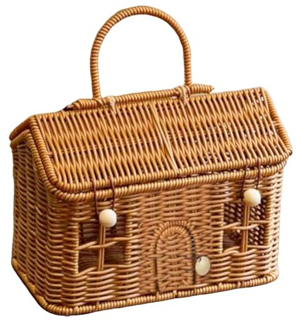 Korb in Hausform aus Rattan, handgefertigter Picknickkorb in Hausform aus Rattan mit Deckel und Griff, gewebte Kleinigkeitenkörbe für Reisen, Picknick, Organisieren, Aufbewahren