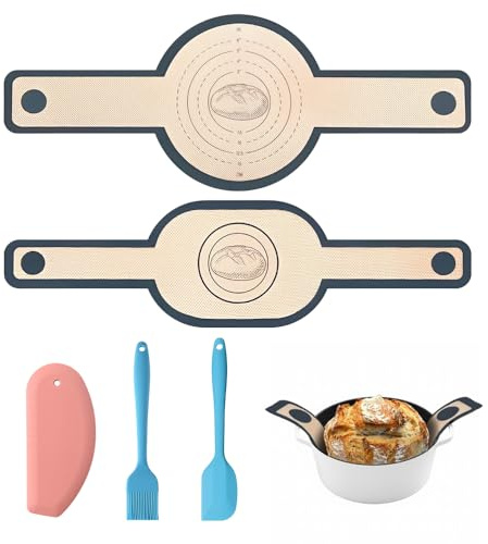 HMCEY 2 Piezas Alfombrilla Silicona Pan,Tapete Pan con Espátula y Pincel,Alfombrilla para Hornear con Asas Largas,Tapete Antiadherente Horno,Bread Sling,Tapete Reposteria Reutilizable para Dutch Oven