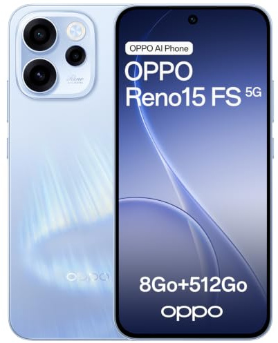 OPPO Reno15 FS 5G Smartphone Android, 8+512GB, Pantalla 6.57 120Hz, Cámara Ultra Gran Angular 50MP FOV 100°, AI Portrait Glow, Batería 6500mAh, IP69, Carga Flash 80W SUPERVOOC, Aurora Blue