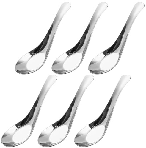 Juego de 6 cucharas de sopa japonesas de acero inoxidable pulido espejo con mango corto para caldo, postre, cereales, miso tailandés, ramen, plata