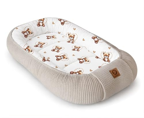 Babynestchen Neugeborene – Nestchen Baby aus Waffel Baumwolle & Baumwollstoff – Babynest für Babybett & Kinderbett – Baby Kokon Tragbar – OEKO-TEX zertifiziert – Zubehör für Babybett - Bärchen + Sand