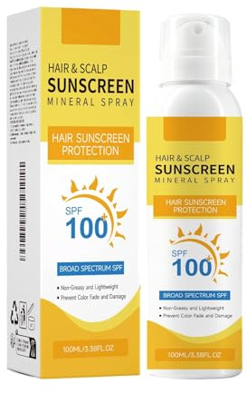 Hair and Scalp Sunscreen Mineral Spray, SPF 100 Broad Spectrum Protection, Non-Greasy Lightweight UV Spray for Hair, Prevents Color Fade and Damage, 100ml (1PC)