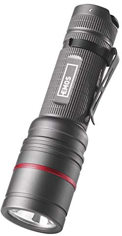 EMOS - CREE-LED-Metall-Taschenlampe Ultibright 70 mit Fokusfunktion - 2 Lichtmodi- stoßbeständig- wasserdicht - superhell 340lm, max. 200m - mit Clip und Handgriff - IP65 für Innen- und Außen - grau