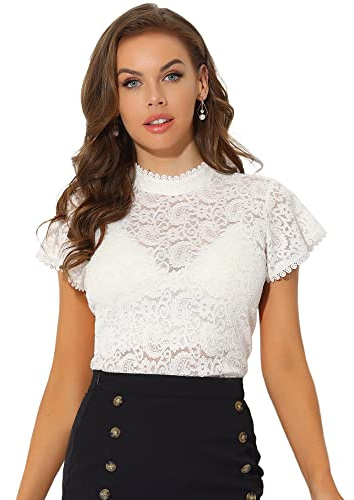 Allegra K Damen Kurzarm Spitzenshirt Dirndl Trachtenbluse Stehkragen Mesh Durchsichtig Bluse Elegant Spitze Oberteil Weiß M