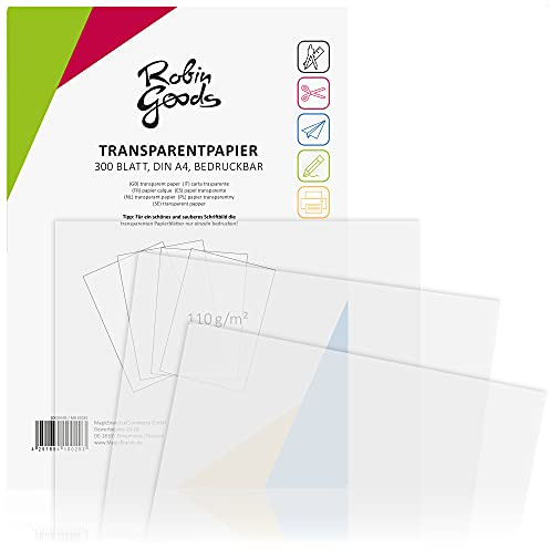Robin Goods® 300 Blatt Premium Transparentpapier DIN A4, 110g/m², Super Qualität, bedruckbar, Bastelpapier, Pauspapier, Pergamentpapier, Architektenpapier (300 Blatt - transparent)