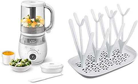 Philips Avent 4-in-1-Babynahrungszubereiter SCF883/01, Dampfgarer, Dampfgaren, Mixen, 1000ml Kapazität, weiß & SCF149/00 Trockenständer, weiß/blau