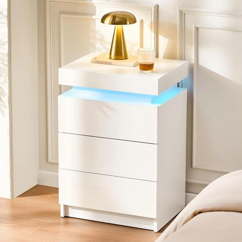 CLIPOP Moderner Nachttisch Hochglanzfront Kommode mit 3 Schubladen mit LED-Lichtern, 3 Schubladen Schrank Nachttisch für Wohnzimmer Schlafzimmer Möbel,Verstecktem Stauraum (Weiß) | Nachtschrank, 45×35×67 cm, für Wohnzimmer & Schlafzimmer, weiß, modernes Design, viel Stauraum, Möbel