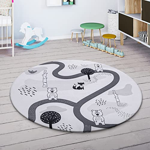 Paco Home Kinderteppich Teppich Rund Kinderzimmer Spielmatte Babymatte rutschfest Stern Mond Elefant Regenbogen, Grösse:Ø 150 cm Rund, Farbe:Weiß