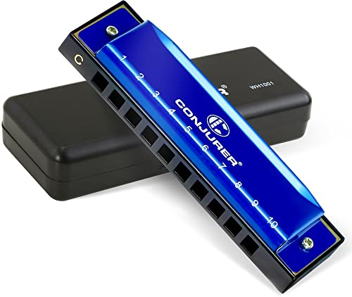 CONJURER Harmonica Key of C, 10 Hole 20 Tone Stanadard Diatonic Blues Harmonica with Case, Mouth Organ Harp for Beginner, Adult, Kids, Professional, Students, Friends, Gifts (Blue)