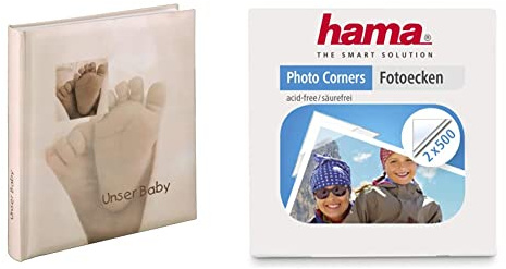Hama Babyalbum Baby Feel (Fotoalbum mit 60 Seiten für 300 Fotos, Album Format 29 x 32 cm) sand & Fotoecken 1000 Stück (Foto Klebepads selbstklebend, Spenderbox 2x 500 Stück), transparent
