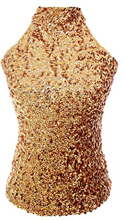 Dam glittrande paljett hög halterneck ärm väst topp flickor latin dans fest storlek kläder (UK kvinnor 4/6/8/10), Guld, S