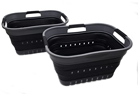 SAMMART 19L Super Mini Zusammenklappbarer Kunststoffkorb mit 3 Griffen – Faltbarer Pop-Up-Aufbewahrungsbehälter/Organizer – Platzsparender Geschenkkorb/Korb (Grau/Schwarz (2er-Set))