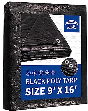 RAINDEWAY Lona negra de 9 x 16 pies, resistente a los rayos UV, cubierta de lona de polietileno impermeable de 8 mm, multiusos, de resistencia media, con ojales de metal y bordes reforzados