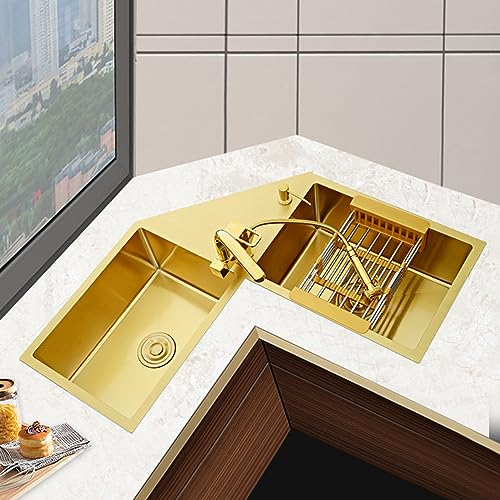 Fregadero de esquina de cocina, lavabo Irregular de lavado de verduras para el hogar, fregadero de acero inoxidable de doble ranura adecuado para restaurantes y bares