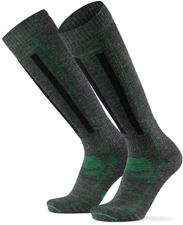 DANISH ENDURANCE Merino Wool Ski Socks, Cushioned Ski & Snowboard Socks, Thermal Knee-High Winter Socks, Unisex, Grey/Green, 9-12