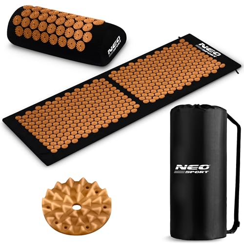 Neo-Sport - Akupressurmatte mit Kissen und Tragetasche - Set - 125 x 46 cm - Abnehmbarer Bezug aus Baumwolle - Stachelmatte für Ganzkörpermassage, Akupunktur - Schwarz & Gold