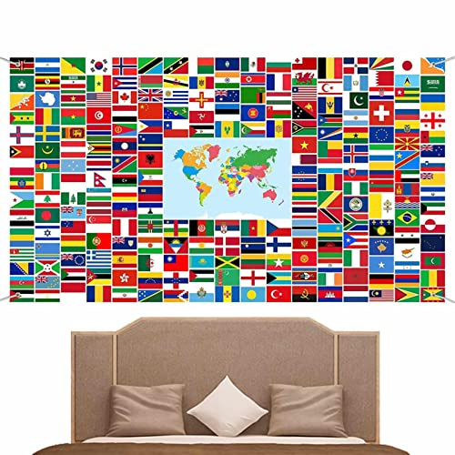 Weltflaggen-Banner, 90 x 152 cm, Hintergrund mit 200 Weltnationen, lichtbeständig, internationale Flaggen, Banner, Hintergrund mit 4 Ösen, globale Weltflagge für Party-Dekoration