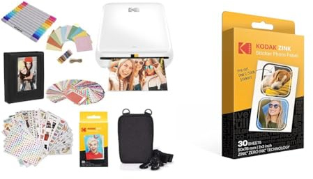 KODAK Step Drucker, Kabelloser mobiler Fotodrucker & 5,1 x 7,6 cm Premium Zink vorgeschnittenes Aufkleber Fotopapier (30 Blatt) kompatibel Step Drucker, Weiß, RODZ2X330C
