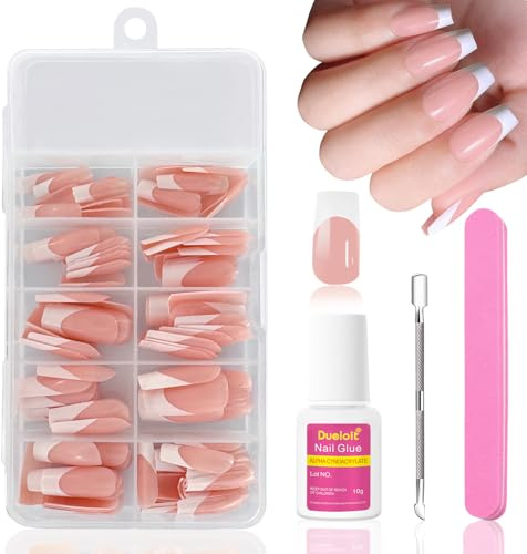 Ceboic 120 Pezzi Unghie Finte Francese Nude, Naturale Rosa Press on Nails Bianco French Tip Unghie Finte Adesive con Colla, Acrilico Copertura Completa Falsi Unghie Quadrate per Donna Ragazze