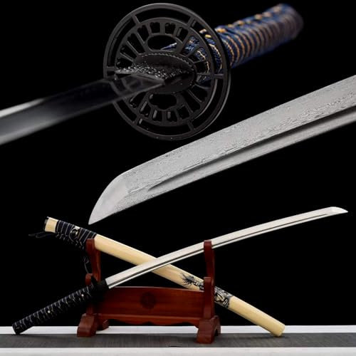 KWXPW Japanisches Katana mit Scheide,Klinge aus Musterstahl,traditioneller Schmiedeprozess,echtes Samurai-Schwert für Kendo,Kampfsport,Dekoration,Cosplay,Sammeln,Geschenke,Ausstellen