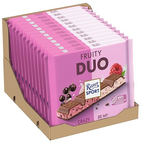Ritter Sport Fruity Duo, große Tafel Schokolade mit schwarzer Johannisbeer- & Himbeerfüllung, gefüllte Vollmilchschokolade, perfekt zum Naschen und Genießen, Geschenkidee, 12 x 218 g